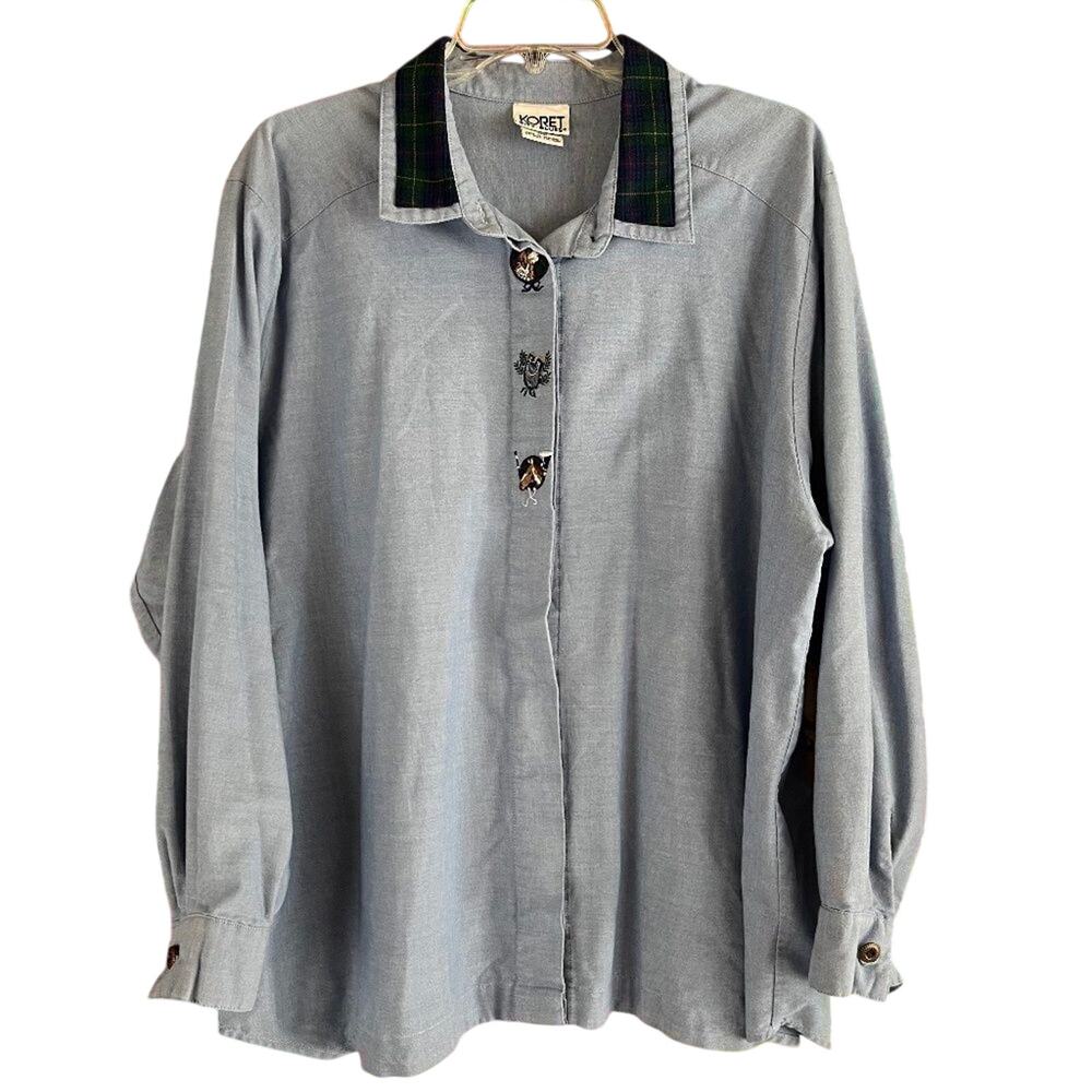 Vintage Koret City Blues Equestrian Fox Hunting Embroidered Button Down Top 20W